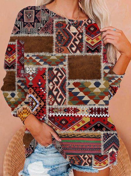 

Casual retro ethnic print round neck long-sleeved sweatshirt, As picture, Hoodies&Sweatshirts