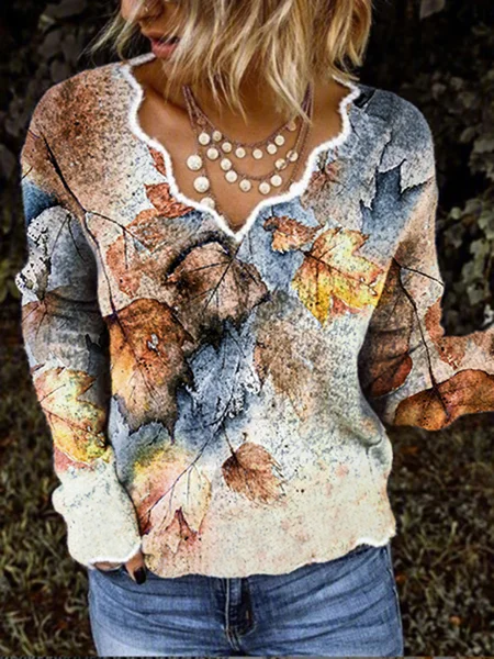 

Fogliame Stampato Casuale Scollo a V Maniche Lunghe Top, Come immagine, Blouses & Shirts