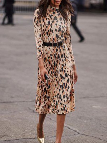 

Long Sleeve Regular Fit Elegant High Neck Midi Dress, As picture, Midi Dresses