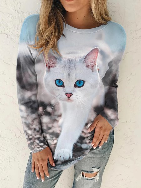 

Blue Cat Printed Loosen Casual Sweatshirt, Hoodies & Sweatshirts