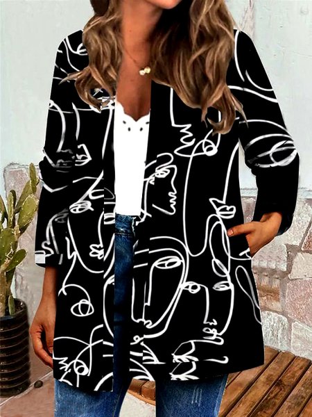 

Lapel Casual Abstract Outerwear, Black, Coats