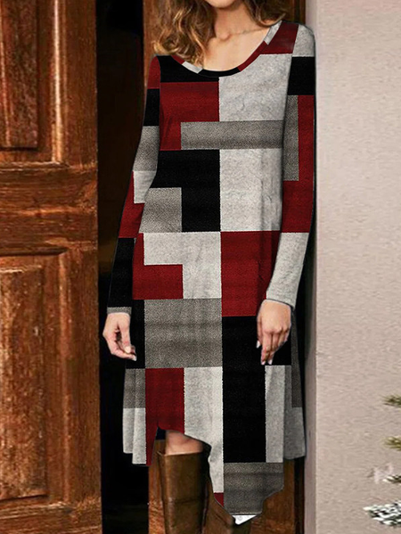 

Casual Print Crew Neck Long Sleeves Shift Dress, Red, Midi Dresses