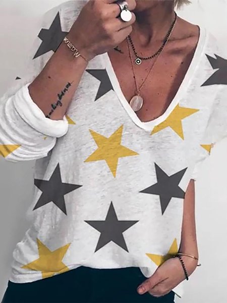 

Star Printed Long Sleeves Loosen Tops, White, Tops
