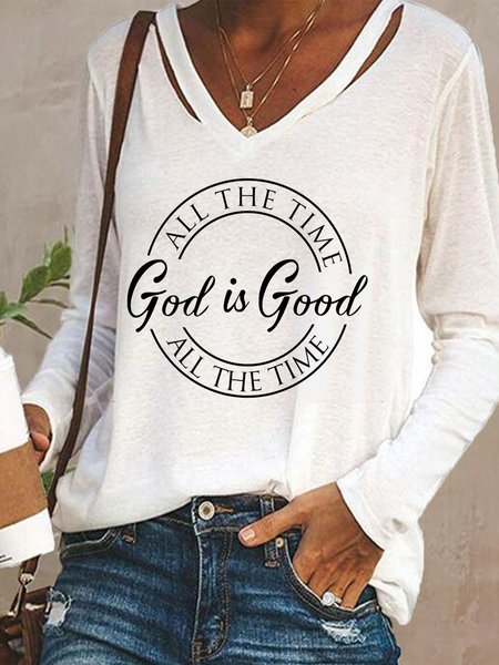All The Time God Is Good Letters Printed Long Sleeves V Neck Plus Size Casual Tops, White, T-Shirts