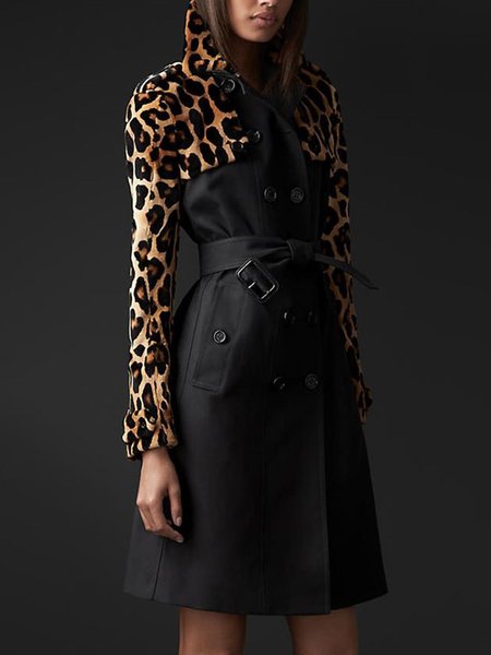 

Leopard Lapel Long Sleeve Elegant Outerwear, Black, Coats