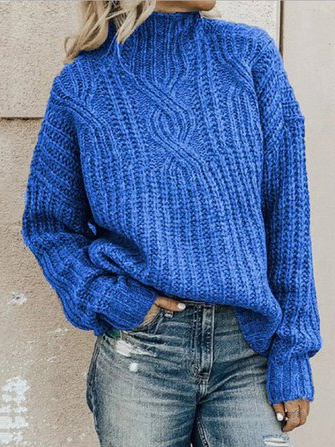 

High Neck Loosen Casual Sweater, Blue, Knitwear & Sweaters