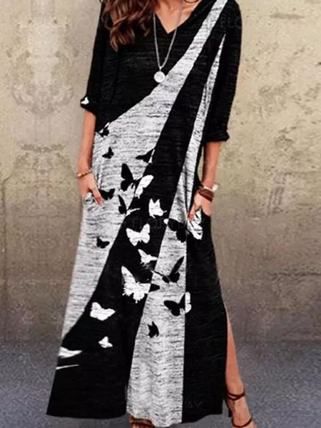 

Loosen Animal Casual V Neck Dresses, Black-grey, Maxi Dresses