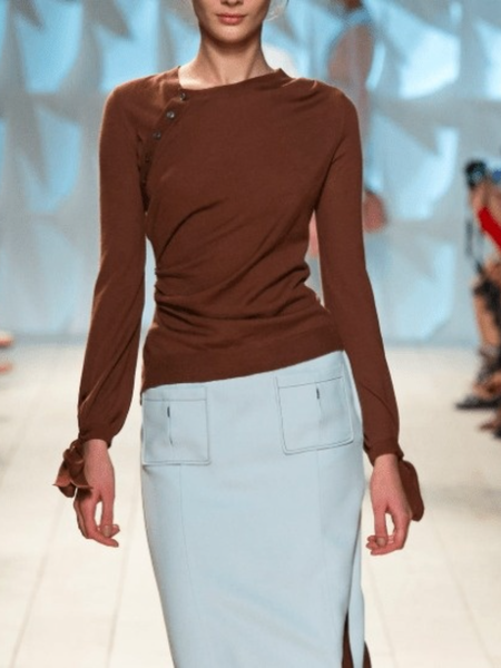 

Fall Regular Fit Crew Neck Elegant High Stretch Mid-weight Date Daily Tops, Coffee, Blouses and Shirts