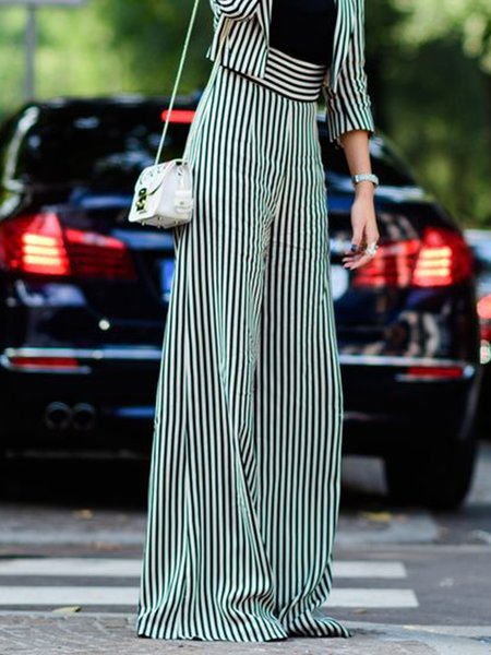 

Daily Striped Regular Fit Pants, White-green, Wide Leg Pants