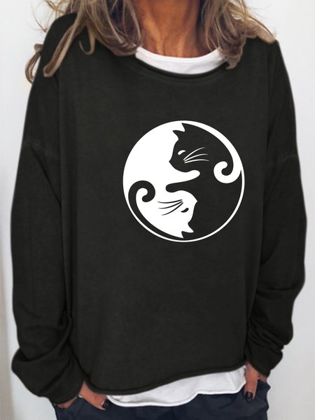 

Funny Cat Print Round Neck Sweatshirt Cute Animal Long sleeve Top, Black, Hoodies&Sweatshirts