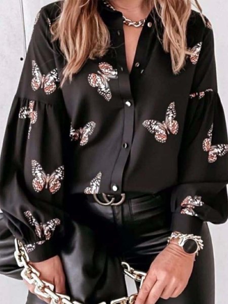 

Long Sleeve Stand Collar Loosen Lady Shirt, Black, Blouses and Shirts