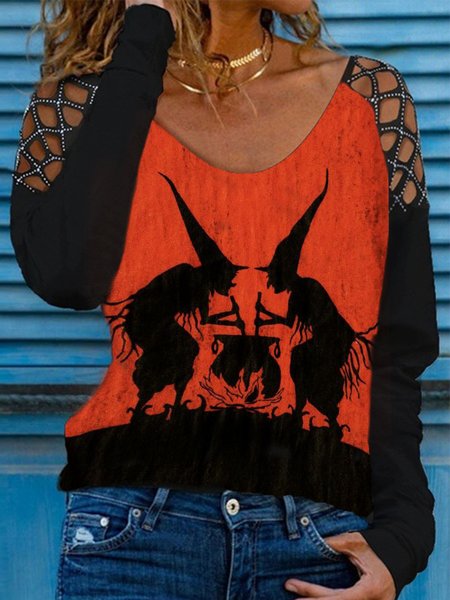 

Casual Printed Loosen Crew Neck Shirts & Tops, Orange, Tops