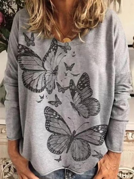 

Elegant Loosen Crew Neck Animal Shirts & Tops, Light gray, Tops