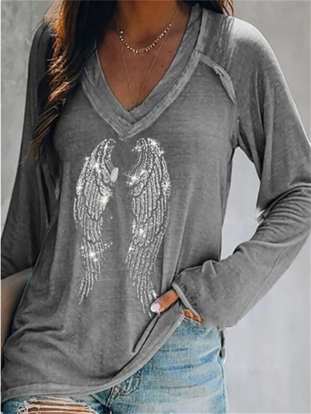 

Vintage Wing Printed Long Sleeves V Neck T-shirt, Gray, T-Shirts