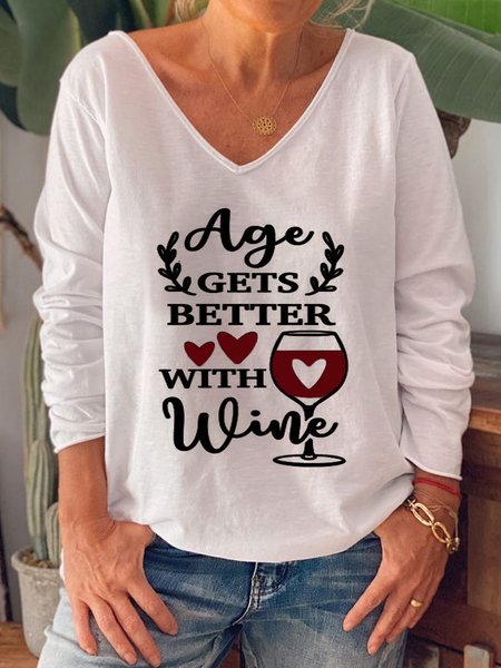 

Age Gets Better With Wine Letters Printed Long Sleeves V Neck Plus Size Casual Tops, White, T-Shirts