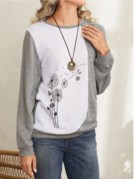 

Floral Casual Crew Neck T-shirt, Light gray, Tees & T-shirts