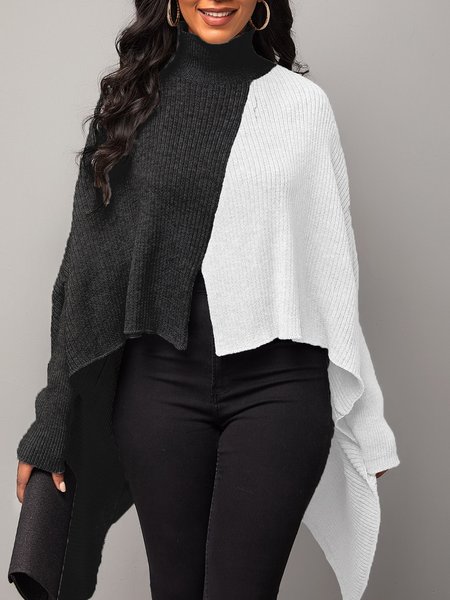 

Long Sleeve Lady Solid High Neck Sweater, Black-white, Pullovers