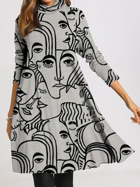 

Gray Printed Casual Long Sleeve High Neck Loosen Dresses, Mini Dresses