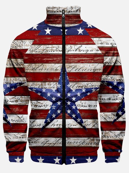 

Stand Collar Long Sleeve America Flag Jackets, Red, Jackets