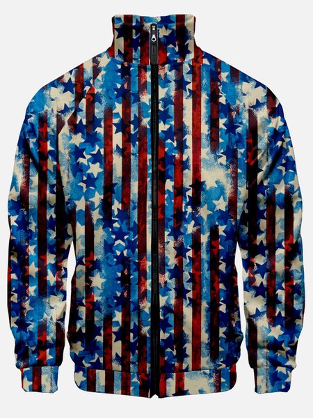 

America Flag Long Sleeve Casual Jackets, Blue, Jackets & Coats