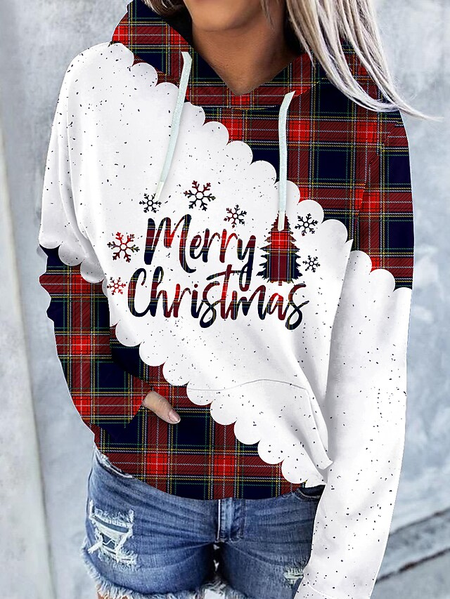 

Christmas Letter Checked/Plaid Cotton Blends Regular Fit Casual Hooded Sweatshirt, Red, Hoodies & Sweatshirts