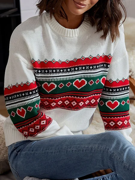

Holiday Geometric Printed Round Neck Casual Knit Sweaters, White, Sweaters & Cardigans