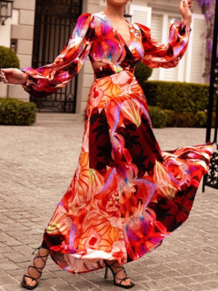 

V Neck Floral Elegant Dress, As picture, Maxi Dresses