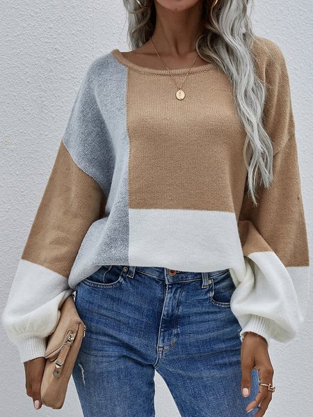 

Vintage Color Block Bishop Sleeve Crew Neck Sweater, Camel, Sweaters
