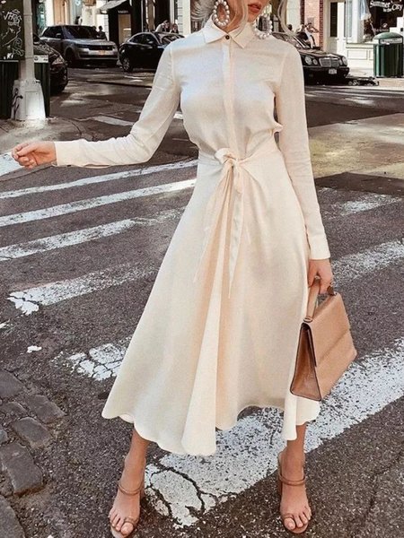 

Long Sleeve Shirt Collar Elegant Regular Fit Maxi Dress, Apricot, Maxi Dresses