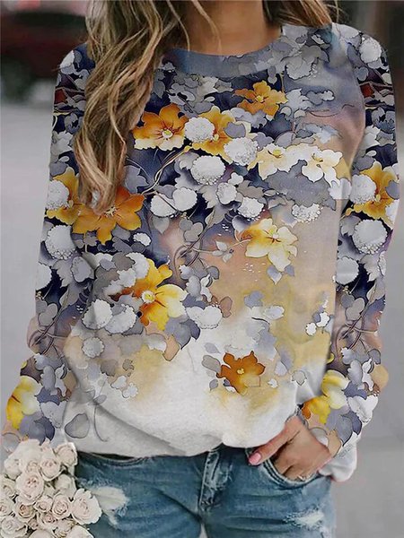 

Gray Floral Printed Casual Sweatshirt, Hoodies & Sweatshirts