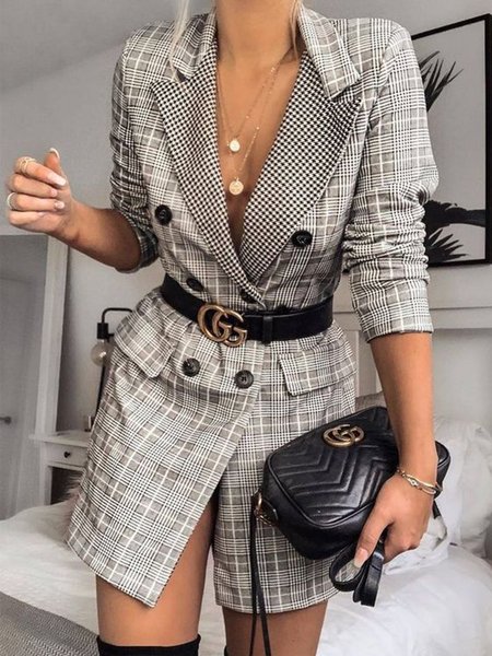 

Long Sleeve Lady Grid Regular Fit Outerwear, Gray, Blazers