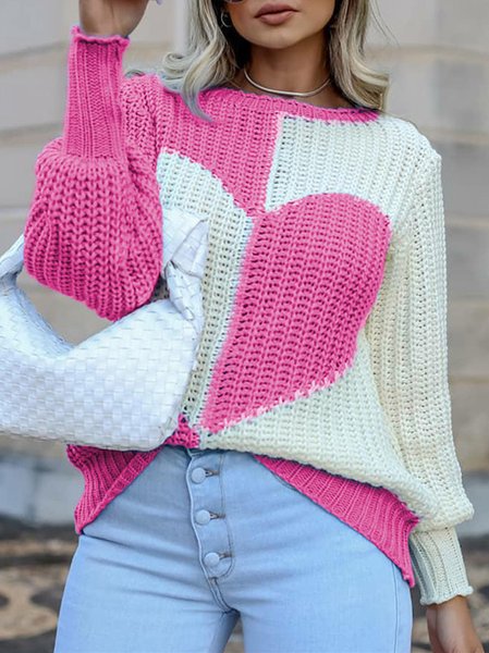 

Color Block Crew Neck Fashion Long Sleeve Sweater, Rose red, Sweaters