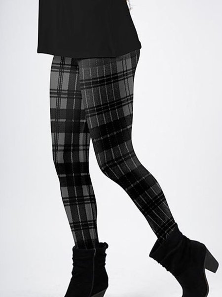 

Elastic waist Checked/Plaid Skinny Vintage Pants, Black, leggings