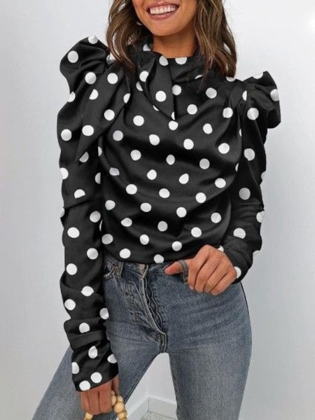 

Fall Elegant Polka Dots Date Daily Long sleeve Elegant Lady Date Daily Tops, Black, Blouses and Shirts