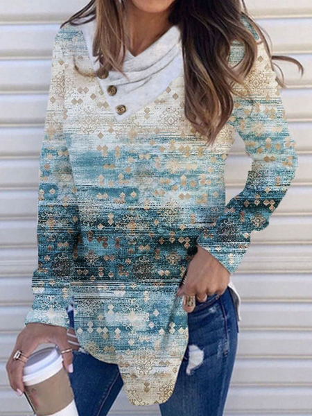 

Stampato Scollo a V Casuale Maniche Lunghe Top, Multicolore, Blouses & Shirts