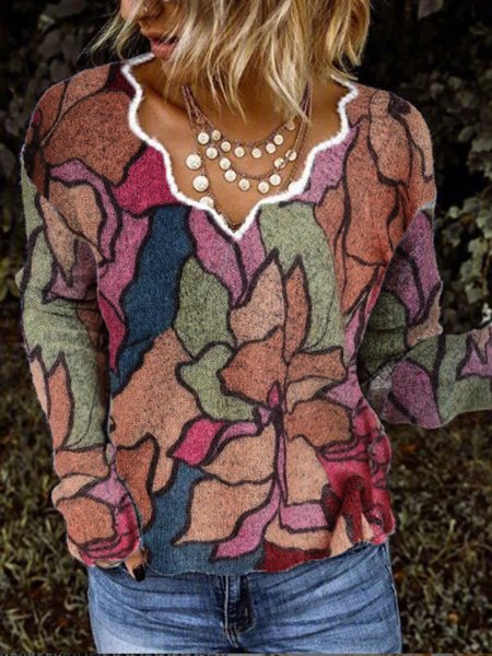 

Casual V Neck Cotton Blends Shirts & Tops, Pink, Long sleeve tops