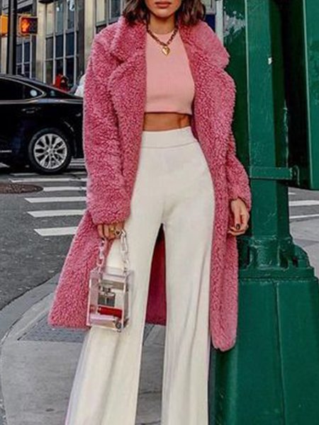 

Long Sleeve Loosen Lady Lapel Solid Outerwear, Pink, Coats