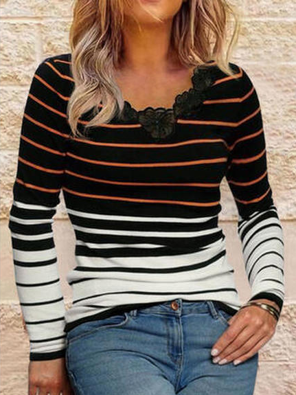 

Cotton Blends Striped V Neck Shirts & Tops, Black, Tops