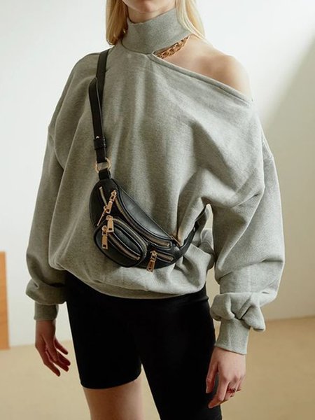 

Long sleeve High Neck Simple Solid Sweatshirt, Gray, Hoodies and Sweatshirts