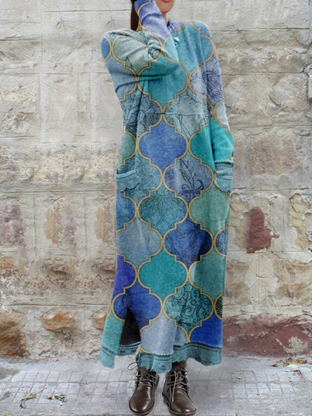 

Winter Geometric Cotton Blends Long Sleeve Dresses, Green, Boho dresses