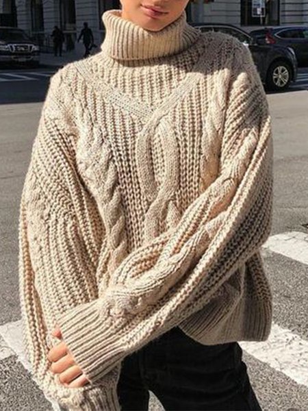 

Long Sleeve Casual High Neck Loosen Sweater, Apricot, Pullovers