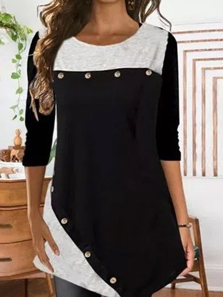 

Crew Neck Patchwork Casual Shirts & Tops, Black-white, Tunics