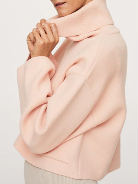 

High Neck Elegant Solid Sweater, Pink, Pullovers