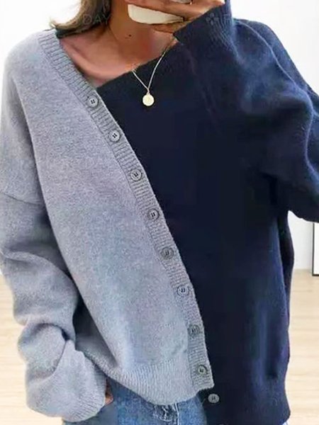 

Plain Casual Asymmetrical Neck Sweater, Dark_blue, Cardigans