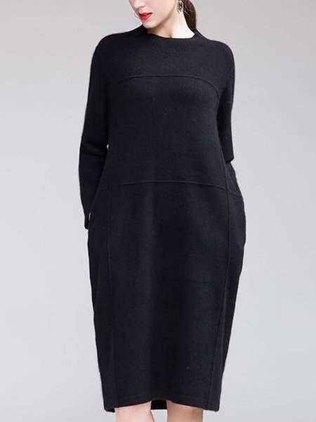 

Loong Sleeve Casual Plain Crew Neck Sweater, Black, Midi Dresses