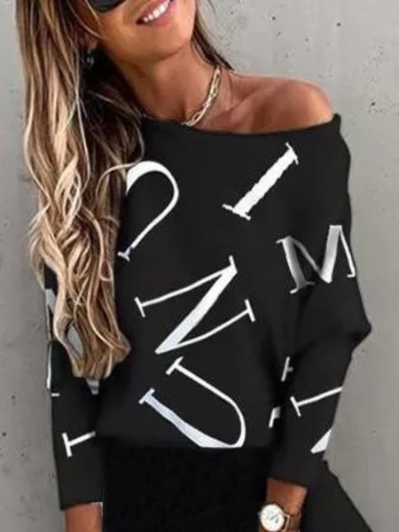 

Casual Long Sleeve Round Neck Plus Size Printed Tops Sweatshirts, Black, Hoodies & Sweatshirts