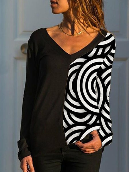 

Geometric Printed V Neck Casual Loosen Shirts & Tops, Black, Tops