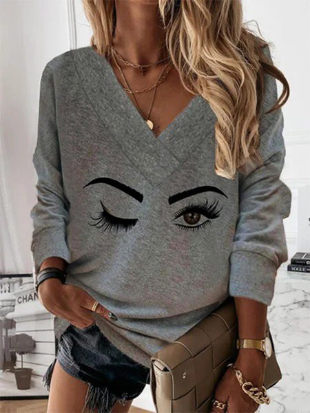 

Vintage Statement occhi Stampato Scollo a V Maniche Lunghe taglia grande Casuale Felpa, Grigio, Hoodies & Sweatshirts