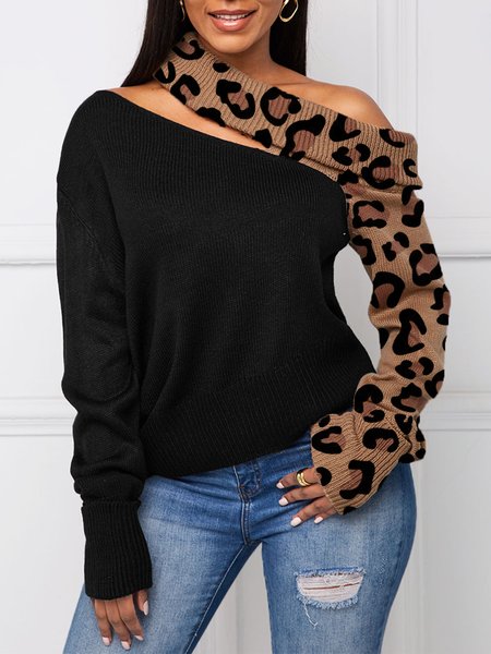 

Long Sleeve Leopard Off The Shoulder Sweater, Black-coffee, Pullovers