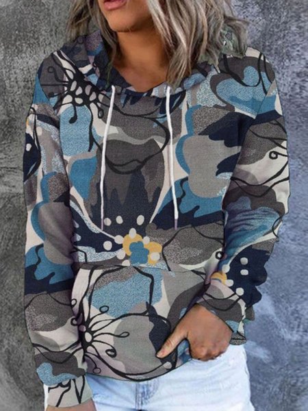 

Floral Printed Casual Loosen Hooded Sweatshirt, Blue, Hoodies & Sweatshirts